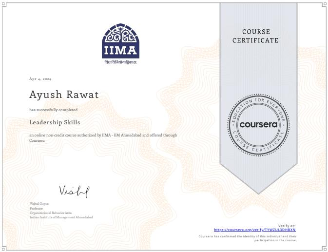 IIMA certificate for Leadership Skills completed by Ayush Rawat